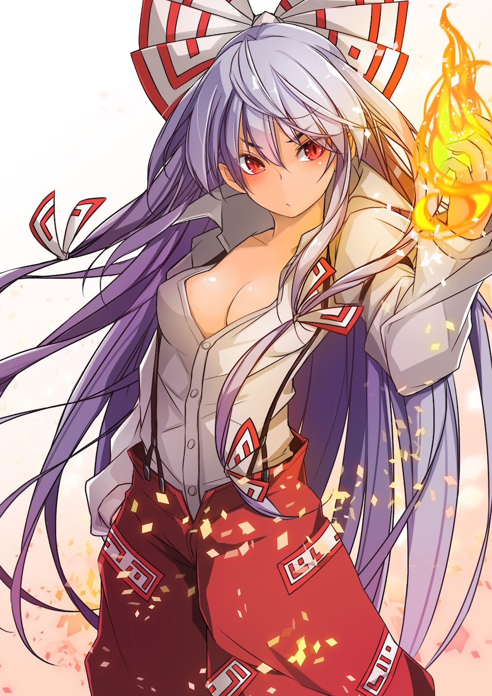 .sin 1girl :/ bangs blush bow breasts buttons cleavage closed_mouth collared_shirt commentary_request cowboy_shot eyebrows_visible_through_hair fire fujiwara_no_mokou gradient gradient_background hair_between_eyes hair_bow hand_in_pocket hand_up highres long_hair long_sleeves looking_at_viewer medium_breasts ofuda pants purple_hair red_eyes red_pants shirt silver_hair solo standing suspenders touhou unbuttoned unbuttoned_shirt very_long_hair white_background white_shirt