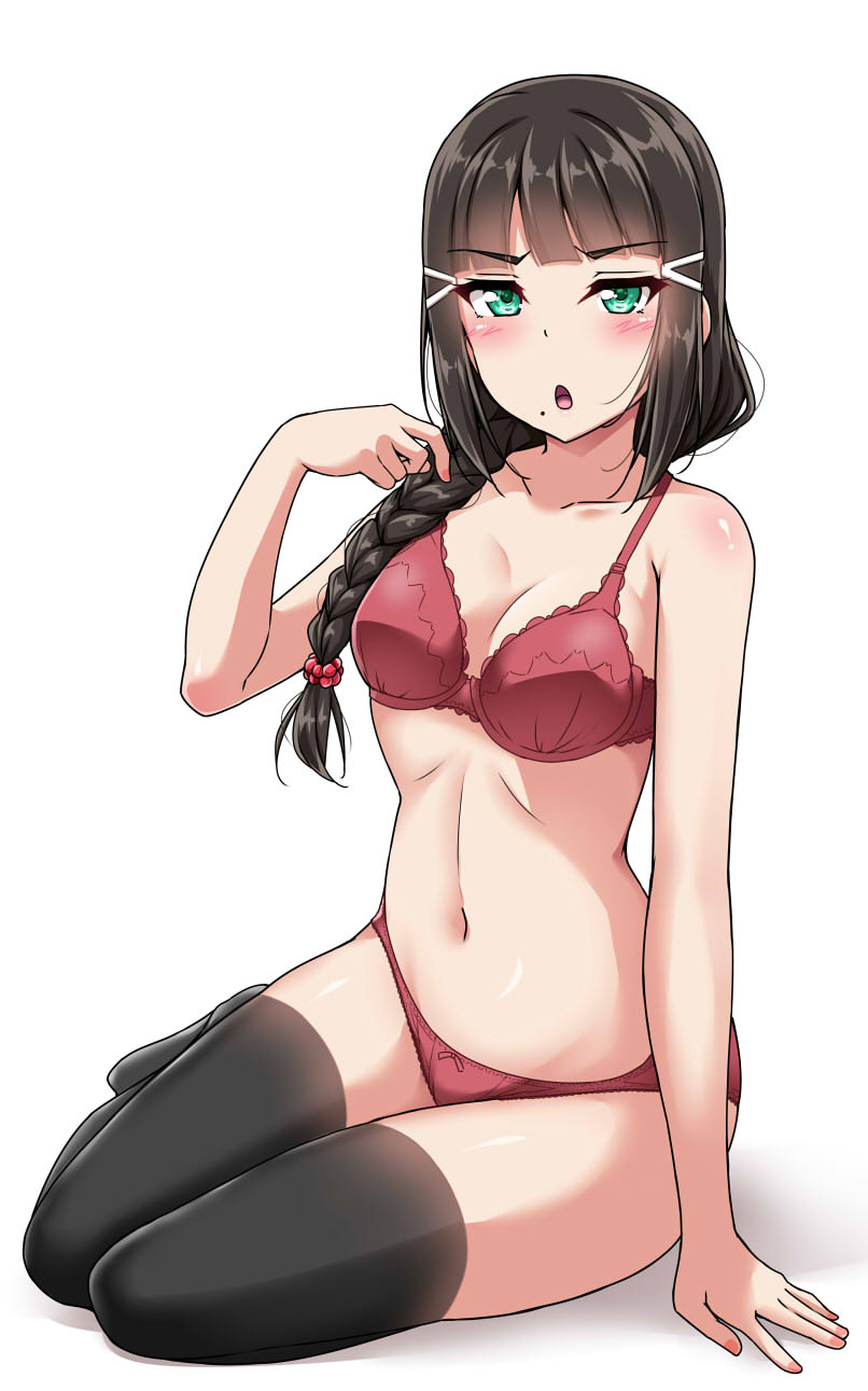 &gt;:o 1girl :o alternate_hairstyle bangs black_hair black_legwear blunt_bangs blush bra braid breasts cleavage commentary_request green_eyes hair_ornament hair_over_shoulder hairpin highres kurosawa_dia long_hair love_live! love_live!_sunshine!! midriff mole mole_under_mouth navel panties red_bra red_panties red_scrunchie simple_background single_braid sitting solo thigh-highs underwear underwear_only white_background yokozuwari yopparai_oni