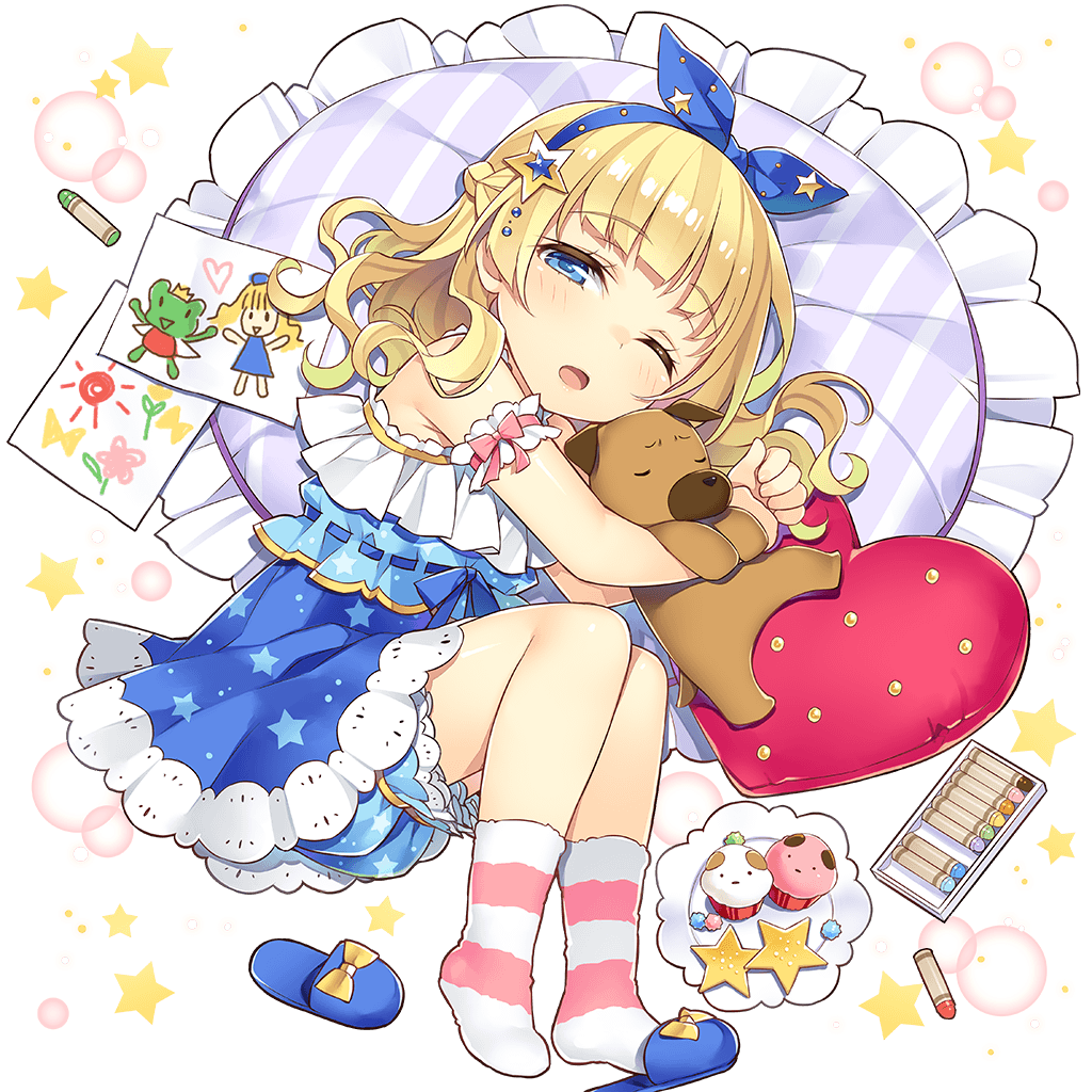 1girl amelie_mcgregor bare_shoulders blonde_hair bloomers blue_eyes braid child crayon cupcake dog drawing food french_braid full_body hairband heart heart_pillow long_hair looking_at_viewer lying mmu nightgown on_side one_eye_closed open_mouth pillow sleeping slippers socks solo striped striped_legwear transparent_background uchi_no_hime-sama_ga_ichiban_kawaii underwear waking_up wavy_hair younger