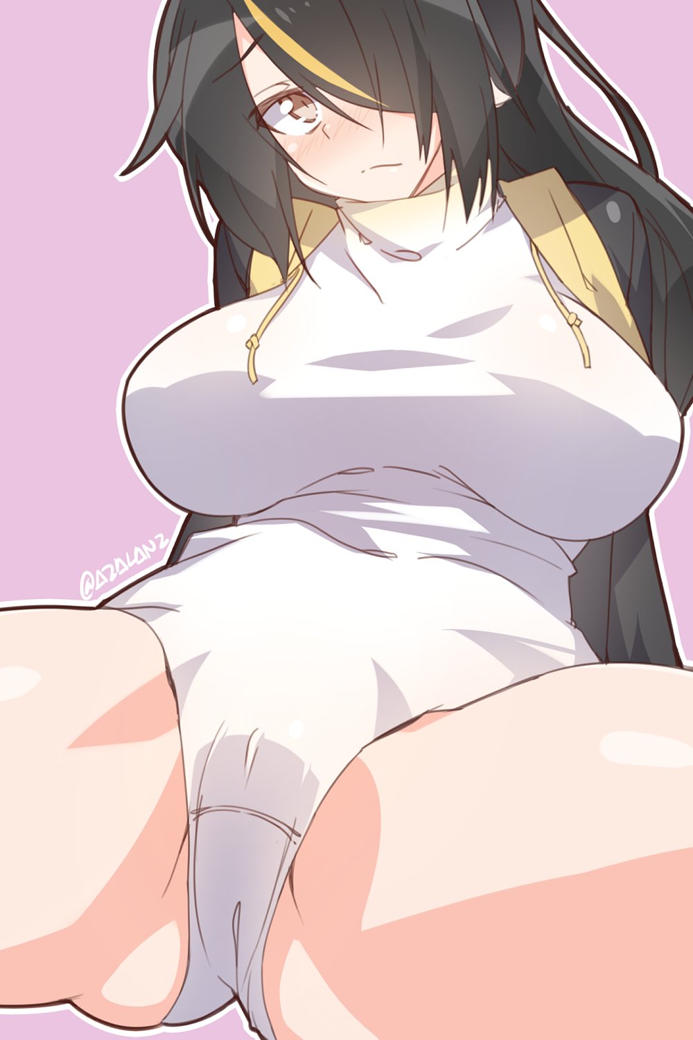 ass black_hair black_jacket blush breasts breasts_apart brown_eyes closed_mouth emperor_penguin_(kemono_friends) eyebrows_visible_through_hair hair_over_one_eye head_tilt highres jacket kemono_friends large_breasts legs leotard long_hair looking_at_viewer multicolored_hair one_eye_covered outline pink_background sitting spread_legs streaked_hair tilt-shift twitter_username white_leotard white_outline