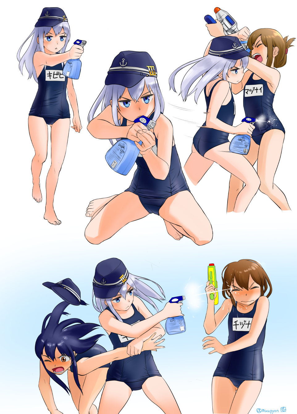 4girls akatsuki_(kantai_collection) blue_eyes blue_swimsuit brown_eyes brown_hair commentary_request fighting flat_cap folded_ponytail hair_ornament hairclip hat hibiki_(kantai_collection) highres ikazuchi_(kantai_collection) inazuma_(kantai_collection) kantai_collection long_hair mu-pyon multiple_girls name_tag one-piece_swimsuit purple_hair school_swimsuit short_hair silver_hair swimsuit translated twitter_username water_gun