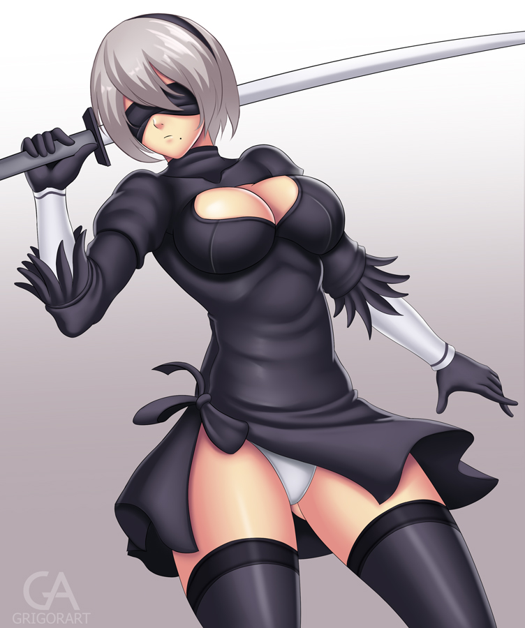 artist_name artist_signature back_cutout black_dress black_hairband blindfold breasts cleavage cleavage_cutout dress feather-trimmed_sleeves gloves gluteal_fold gradient gradient_background grigorart hairband large_breasts leotard long_sleeves mole mole_under_mouth nier_(series) nier_automata silver_hair thigh-highs thighs weapon white_leotard yorha_no._2_type_b