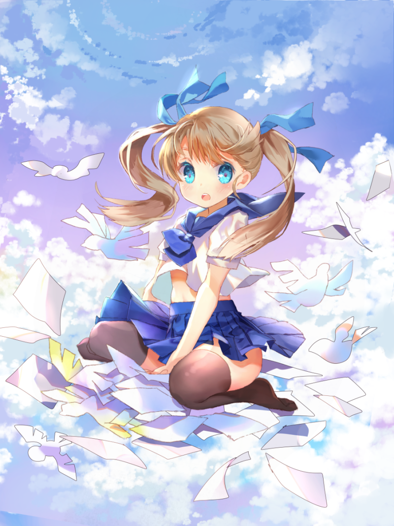 1girl :o bangs black_legwear blue_eyes blue_neckerchief blue_ribbon blue_skirt blush clouds cloudy_sky commentary_request day eyebrows_visible_through_hair hair_ribbon light_brown_hair long_hair looking_at_viewer looking_to_the_side mintchoco_(orange_shabette) neckerchief no_shoes open_mouth origami original paper pleated_skirt ribbon school_uniform serafuku shirt short_sleeves sitting skirt sky solo thigh-highs twintails white_shirt wind wind_lift