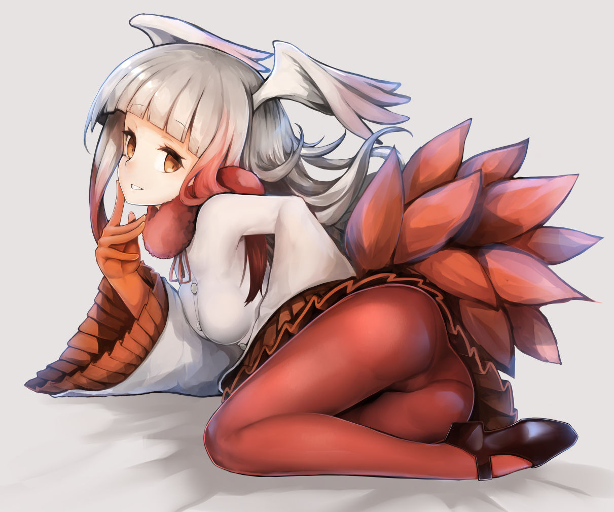 1girl ass bangs black_shoes blunt_bangs blush breasts frilled_sleeves frills gloves hachachi head_wings japanese_crested_ibis_(kemono_friends) kemono_friends long_hair long_sleeves looking_at_viewer lying multicolored_hair panties panties_under_pantyhose pantyhose pleated_skirt red_legwear redhead shirt shoes simple_background skirt small_breasts smile solo tail two-tone_hair underwear white_hair white_shirt