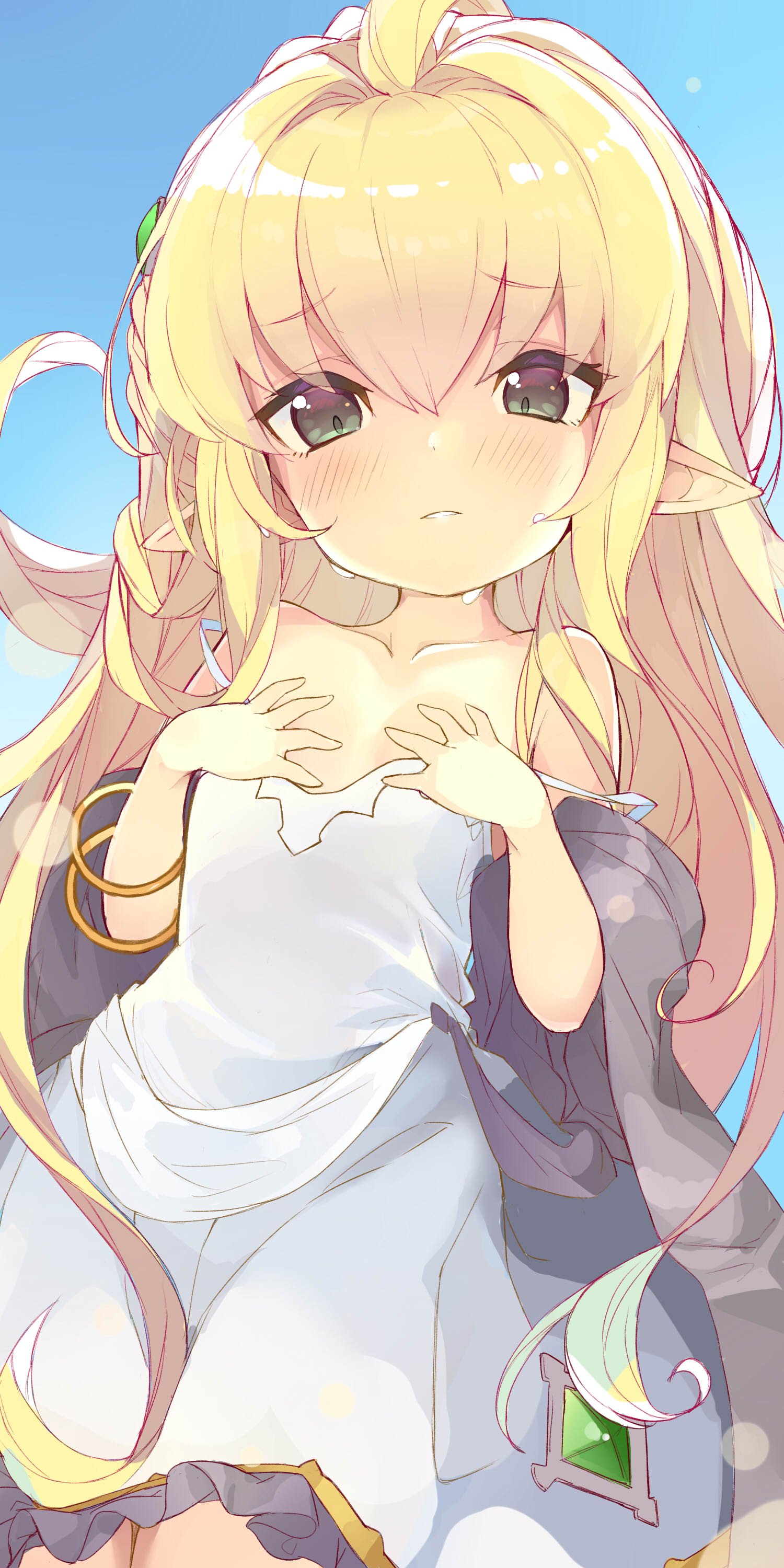 1girl absurdres ahoge bare_shoulders blonde_hair blush bracelet character_request collarbone covering covering_breasts dress green_eyes hands_on_own_chest highres jewelry long_hair off_shoulder pointy_ears solo strap_slip sundress upper_body very_long_hair white_dress