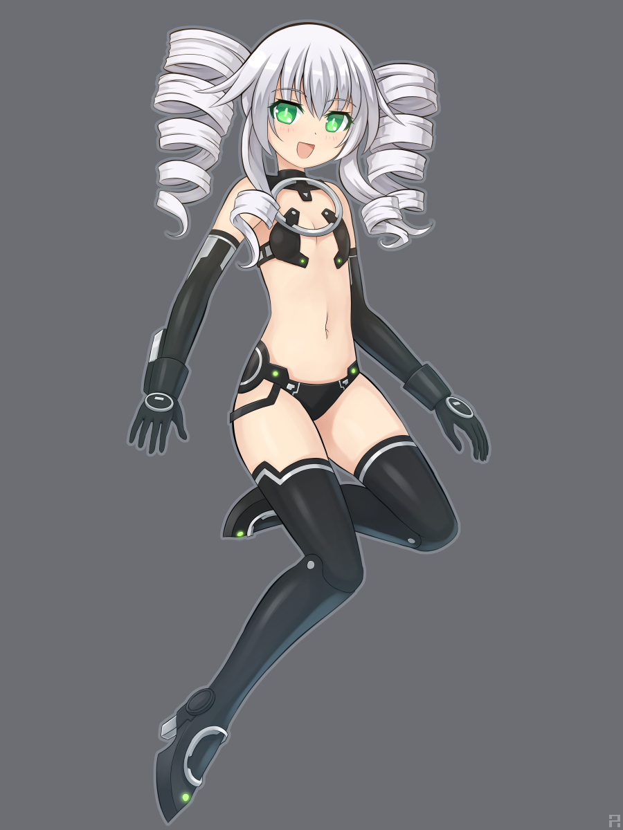 1girl aposine bare_shoulders black_sister blush breasts drill_hair elbow_gloves flat_chest gloves green_eyes highres long_hair looking_at_viewer navel neptune_(series) open_mouth small_breasts smile solo symbol-shaped_pupils thigh-highs twin_drills white_hair