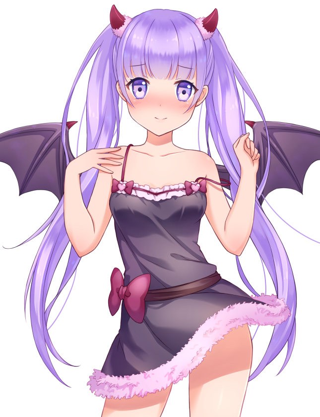 1girl :d black_dress black_wings blush bow breasts collarbone contrapposto cowboy_shot demon_wongs dress eyebrows_visible_through_hair heart horns long_hair new_game! off_shoulder open_mouth purple_bow purple_hair short_dress simeplb_ackground sleeveless sleeveless_dress small_breasts smile solo standing suzukaze_aoba twintails very_long_hair violet_eyes white_background wings yukise_akito