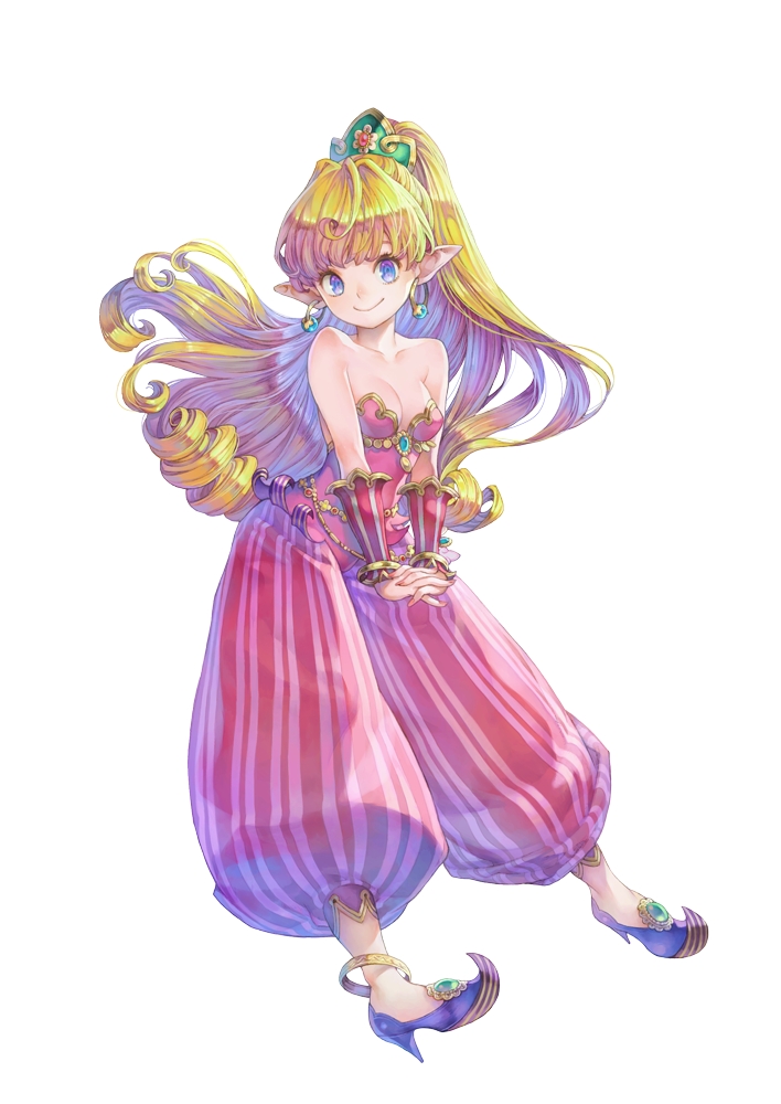 1girl anklet bare_shoulders blonde_hair blue_eyes bracelet breasts cleavage earrings hands_together high_heels jewelry long_hair looking_at_viewer official_art pointy_ears ponytail purim seiken_densetsu seiken_densetsu_2 simple_background smile solo square_enix tiara very_long_hair white_background