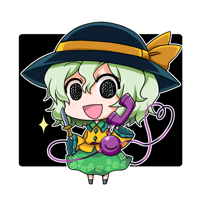 1girl :d black_background black_eyes black_hat black_legwear chibi commentary_request eyeball eyebrows_visible_through_hair frilled_shirt_collar frilled_sleeves frills full_body green_hair green_skirt hair_between_eyes hat hat_ribbon heart heart_of_string holding holding_knife knife komeiji_koishi long_sleeves looking_at_viewer noai_nioshi open_mouth outline phone ribbon shirt short_hair skirt smile solo sparkle standing third_eye touhou white_border white_outline wide_sleeves wing_collar yellow_ribbon yellow_shirt