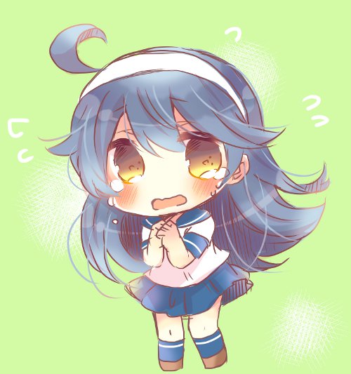 1girl ahoge black_hair blue_sailor_collar blue_skirt brown_eyes chibi crying crying_with_eyes_open full_body green_background hairband hands_together kantai_collection kouu_hiyoyo long_hair looking_at_viewer open_mouth pleated_skirt school_uniform serafuku skirt solo standing tears ushio_(kantai_collection) white_hairband