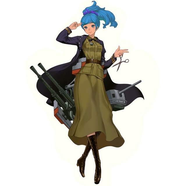1girl blue_eyes blue_hair full_body official_art orp_wicher salmon88 scissors simple_background solo uniform victory_belles white_background