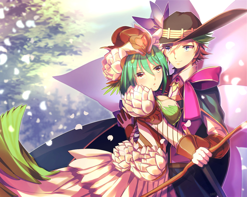 1boy 1girl anjou_tokoha bangs blush bow_(weapon) breasts brown_eyes cardfight!!_vanguard cardfight!!_vanguard_g character_request dress flower green_hair hat hat_flower open_mouth satoimo_(3311_mi) weapon