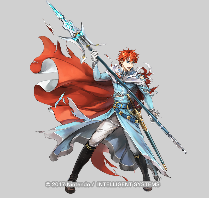 1boy belt blue_eyes cape copyright_name eliwood_(fire_emblem) fire_emblem fire_emblem:_the_blazing_blade fire_emblem_heroes full_body gloves grey_background male_focus official_art open_mouth polearm redhead solo spear sword teeth torn_clothes wada_sachiko weapon