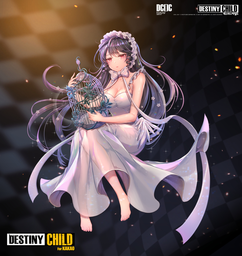 1girl barefoot birdcage black_hair blush bow breasts cage cleavage closed_mouth copyright_name destiny_child dress eyebrows_visible_through_hair large_breasts long_hair ozzingo rdg_red_data_girl ribbon solo white_bow white_dress white_ribbon