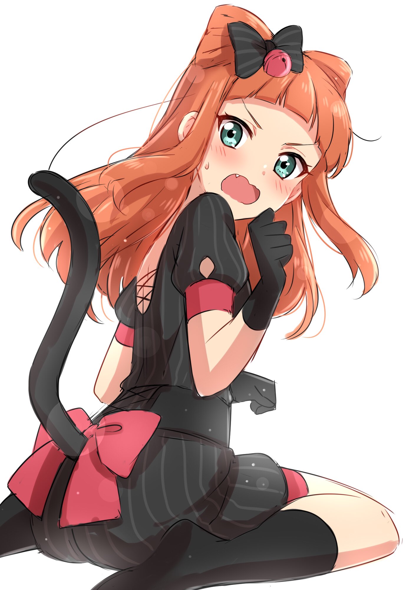 1girl animal_ears aqua_eyes ass bell black_gloves black_legwear black_ribbon black_shirt black_skirt blush cat_ears cat_tail character_request commentary_request copyright_request fang full_body gloves hair_bell hair_ornament hair_ribbon highres looking_at_viewer looking_back no_shoes open_mouth orange_hair pink_ribbon puffy_short_sleeves puffy_sleeves ribbon sekina shirt short_sleeves simple_background sitting skirt socks solo tail wariza wavy_mouth white_background