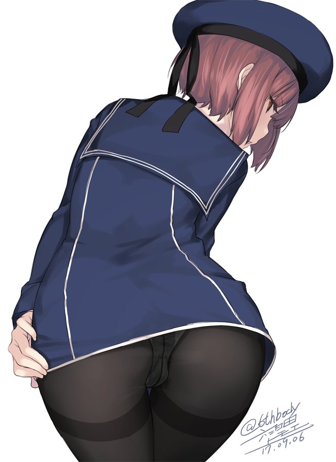 1girl artist_name ass bangs black_legwear blue_dress blue_hat brown_eyes brown_hair commentary_request cowboy_shot dated dress from_behind hand_on_own_thigh hat kantai_collection leaning_forward looking_at_viewer looking_back panties panties_under_pantyhose pantyhose parted_lips rokuwata_tomoe sailor_collar sailor_dress sailor_hat short_hair simple_background solo thighband_pantyhose twitter_username underwear white_background z3_max_schultz_(kantai_collection)