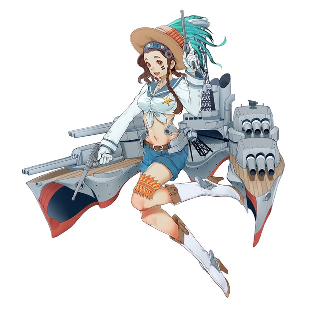 1girl braid brown_eyes brown_hair full_body gun handgun jewelry looking_at_viewer necklace official_art pistol salmon88 simple_background solo uss_arizona_(victory_belles) victory_belles weapon white_background