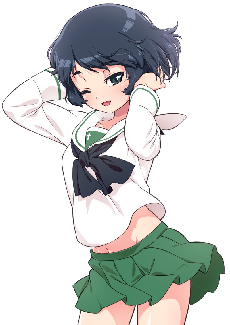 1girl bangs black_eyes black_hair black_neckerchief blouse cowboy_shot girls_und_panzer green_skirt hands_in_hair long_sleeves looking_at_viewer midriff miniskirt neckerchief one_eye_closed ooarai_school_uniform open_mouth parted_lips pleated_skirt school_uniform seductive_smile senzoc serafuku short_hair simple_background skirt smile solo utsugi_yuuki white_background white_blouse