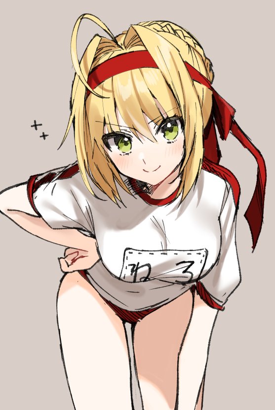 1girl bent_over blonde_hair buruma fate/grand_order fate_(series) gambe green_eyes gym_uniform headband nero_claudius_(fate) red_headband saber_extra