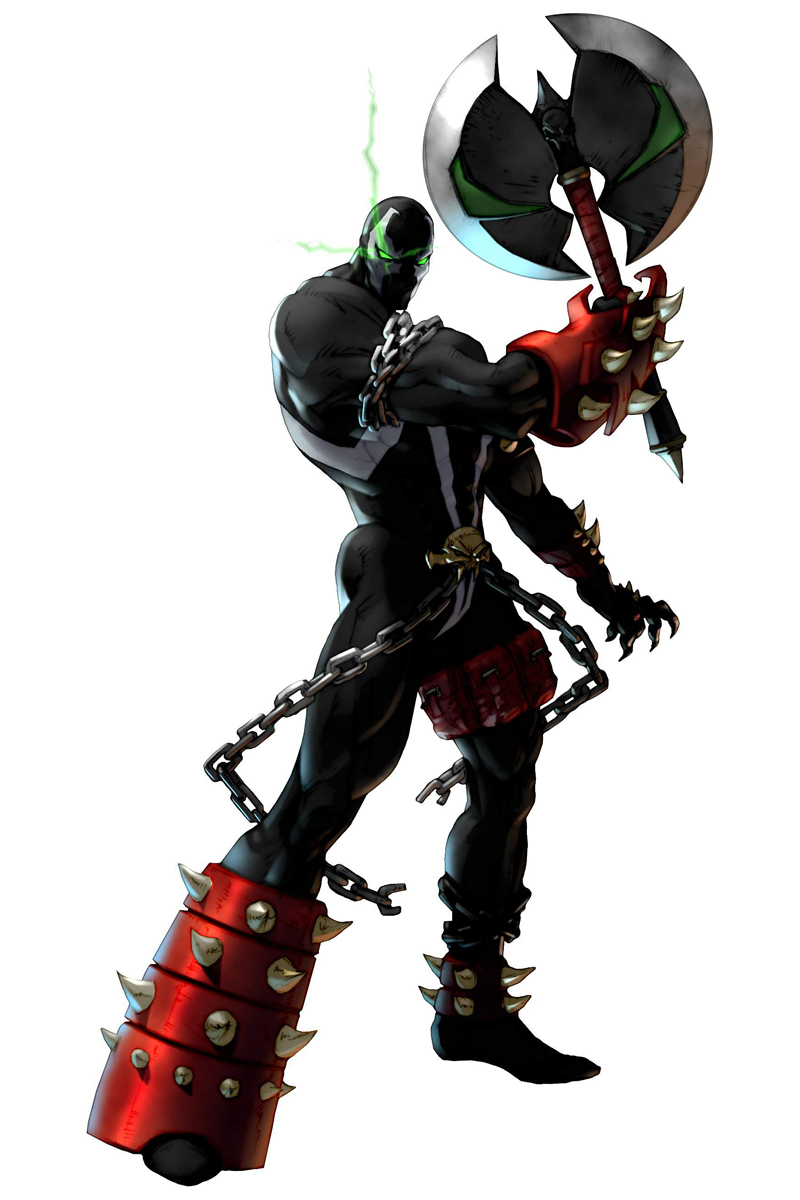 1boy axe chains claws demon formal glowing glowing_eyes green_eyes highres official_art soul_calibur soulcalibur_ii spawn spawn_(spawn) spikes suit weapon white_background