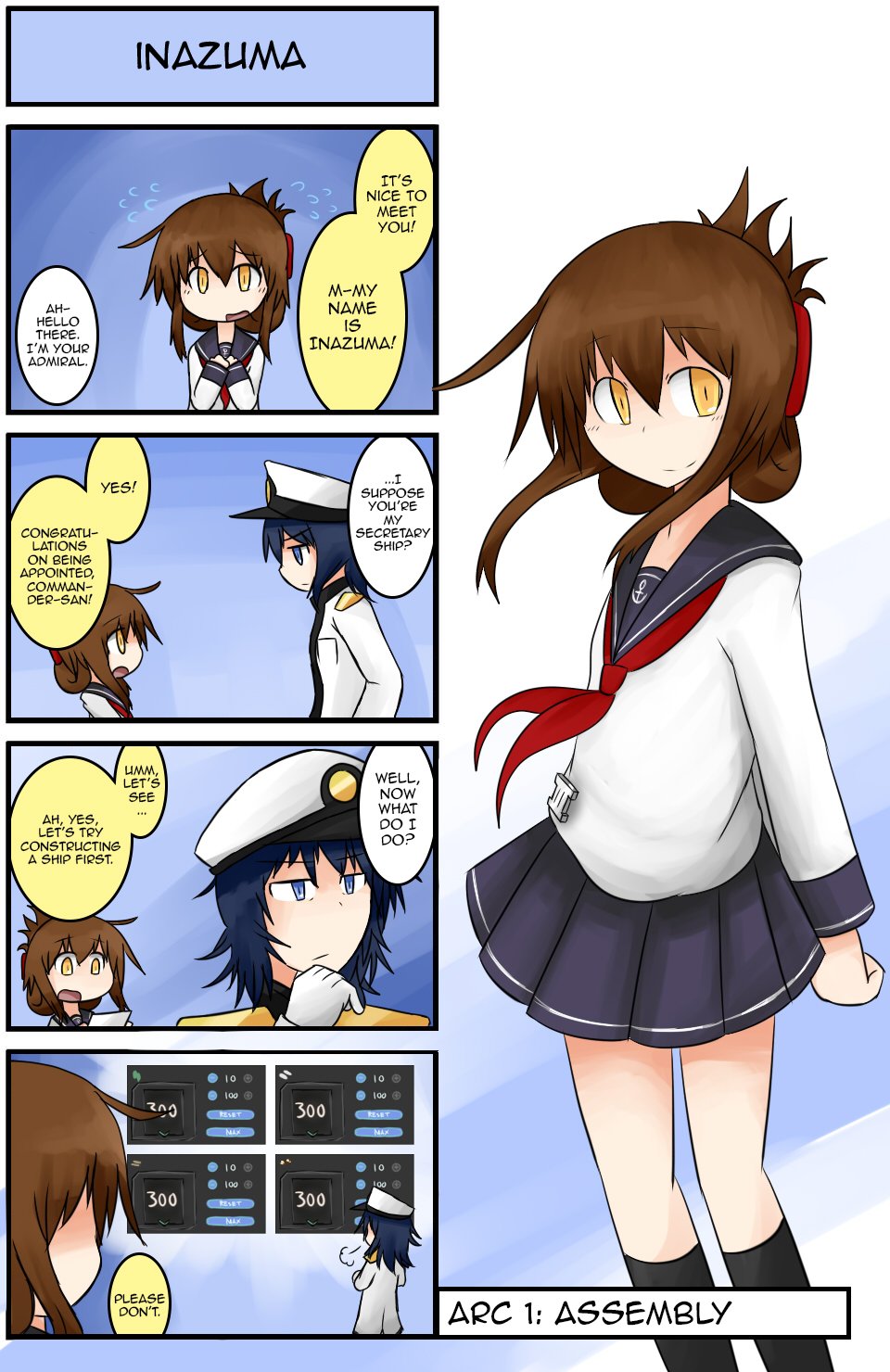 1boy admiral_(kantai_collection) brown_hair comic english folded_ponytail gameplay_mechanics hat highres inazuma_(kantai_collection) kantai_collection long_hair military military_uniform monochrome naval_uniform peaked_cap raythalosm school_uniform serafuku uniform