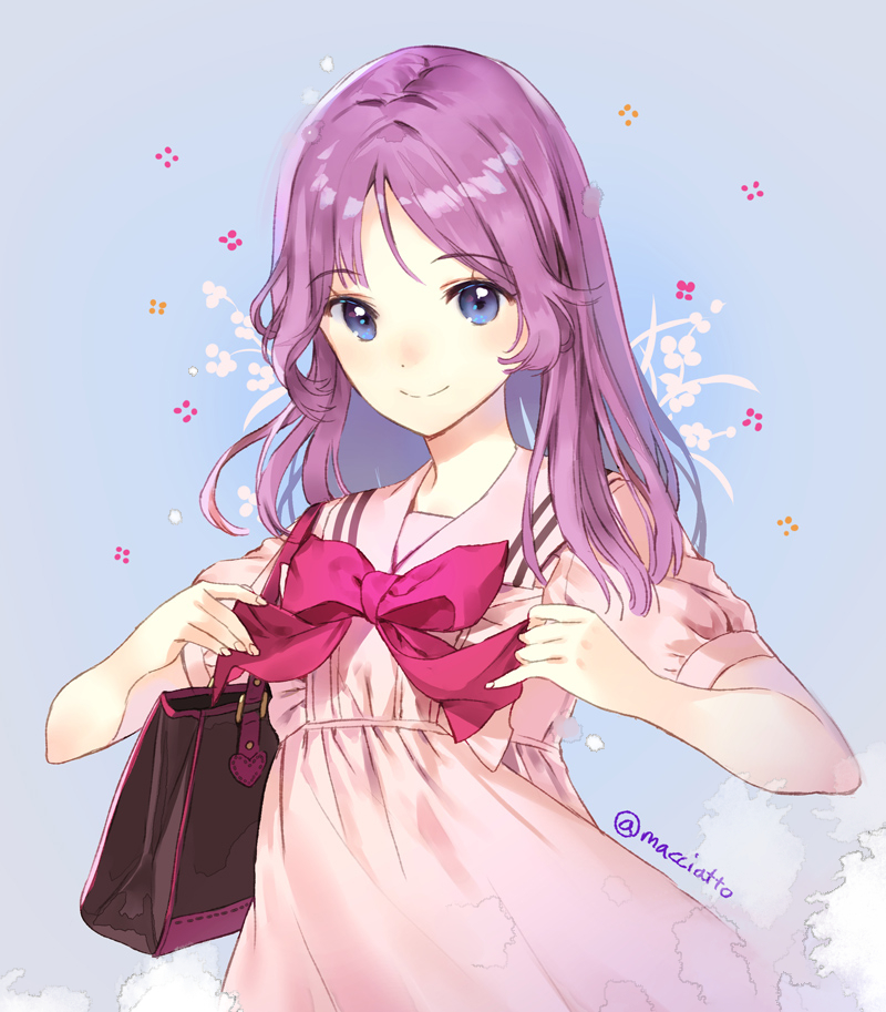 1girl bag bangs blue_background blue_eyes blush bow closed_mouth dress eyebrows_visible_through_hair floral_background handbag hands_up long_hair looking_at_viewer macciatto_(aciel02) original pink_dress purple_bow purple_hair sailor_collar sailor_dress smile solo tareme twitter_username upper_body wavy_hair