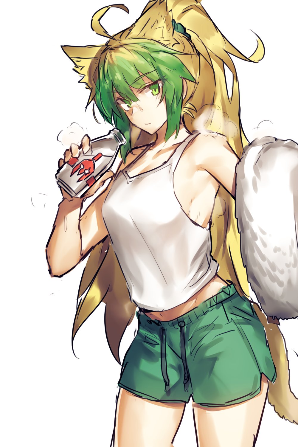 animal_ears archer_of_red armpit_peek bangs bare_arms bare_shoulders blonde_hair bottle breasts cowboy_shot eyebrows_visible_through_hair fate/apocrypha fate/grand_order fate_(series) green_eyes green_hair green_shorts gym_shorts hair_between_eyes highres large_breasts leonidas_(fate/grand_order) long_hair looking_at_viewer melon22 milk milk_bottle multicolored_hair ponytail scrunchie shirt shorts simple_background sleeveless sleeveless_shirt solo standing sweat tail towel two-tone_hair very_long_hair white_background white_shirt