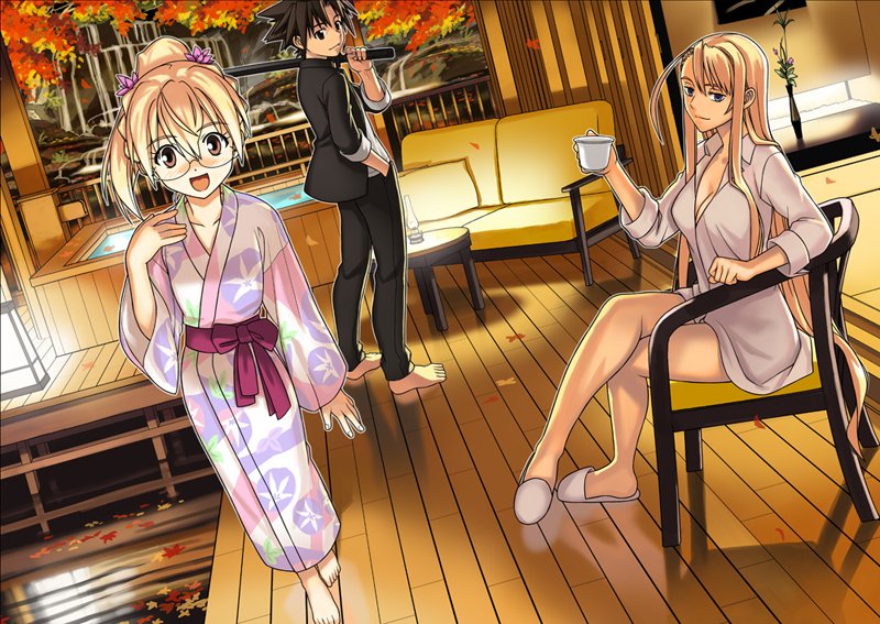 1boy 2girls :d akamatsu_ken autumn_leaves barefoot black_hair black_pants blonde_hair brown_eyes chair commentary_request couch cup dutch_angle evangeline_a_k_mcdowell evangeline_a_k_mcdowell_(adult) glasses hand_in_pocket holding holding_cup japanese_clothes kimono konoe_touta lamp long_hair multiple_girls official_art open_mouth over_shoulder pants ponytail sakurame_kirie sash shirt sitting slippers smile sword sword_over_shoulder uq_holder! very_long_hair water weapon weapon_over_shoulder white_shirt wooden_floor