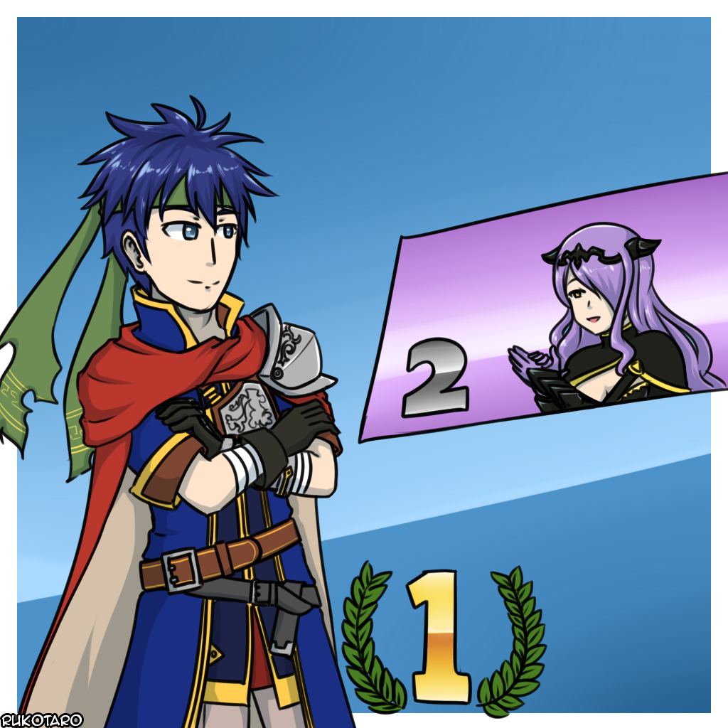 1boy 1girl armor belt blue_hair camilla_(fire_emblem_if) clapping crossed_arms crossover fire_emblem fire_emblem:_souen_no_kiseki fire_emblem_heroes fire_emblem_if green_bandana hair_over_one_eye ike long_hair purple_hair rukotaro short_hair shoulder_armor super_smash_bros.