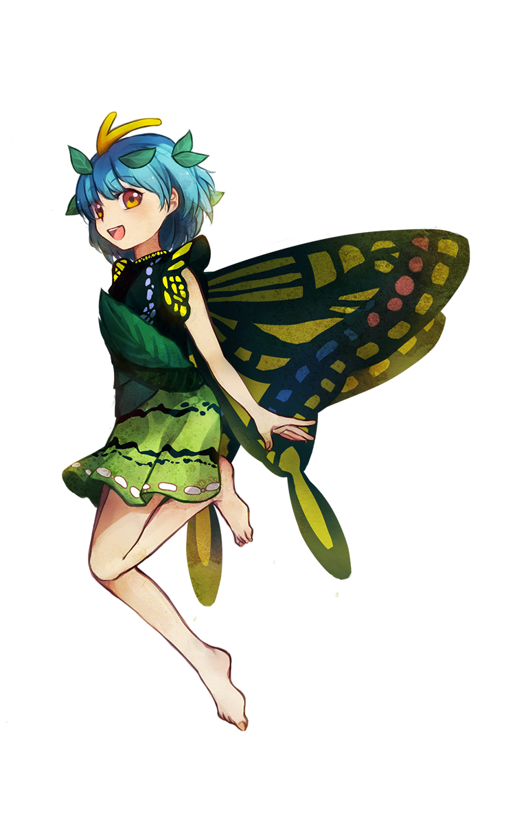 1girl antennae bare_arms bare_legs barefoot blue_hair brown_eyes butterfly_wings dress eternity_larva fingernails full_body green_dress highres ichi_ran leaf leaf_on_head looking_at_viewer short_dress short_hair smile solo toenails touhou transparent_background wings