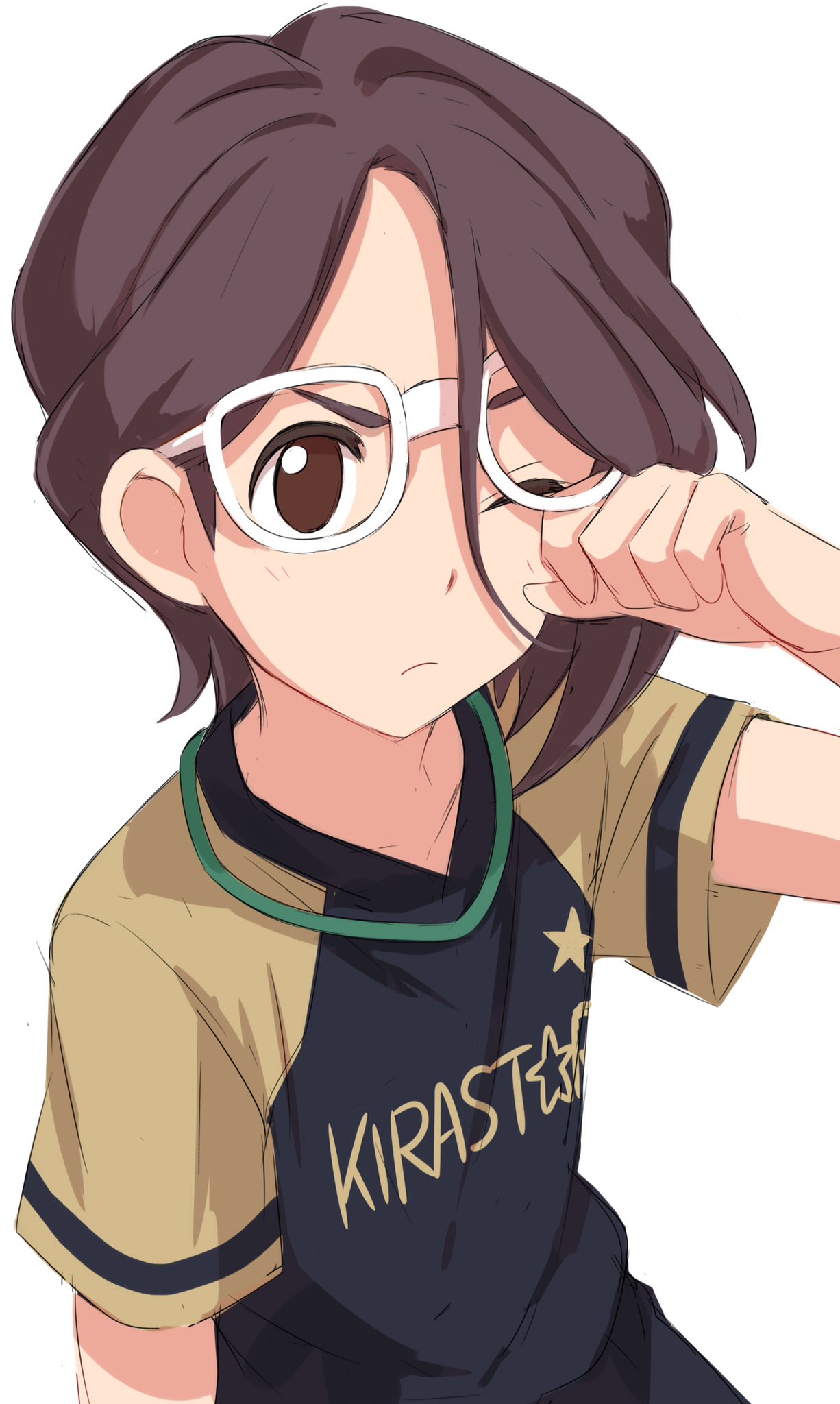 &gt;:( 1boy brown_eyes brown_hair character_request closed_mouth commentary_request copyright_request frown glasses highres looking_at_viewer male_focus medium_hair one_eye_closed sekina shirt short_sleeves simple_background solo upper_body white_background wiping_eyes