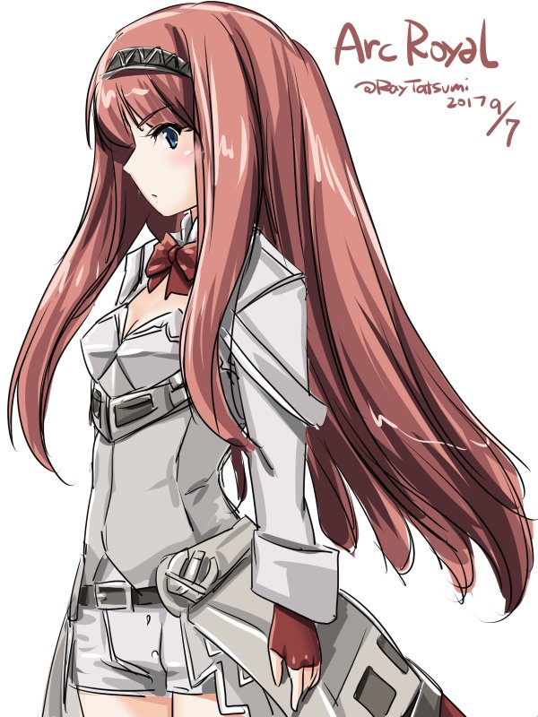 1girl alternate_hair_length alternate_hairstyle anchor ark_royal_(kantai_collection) belt belt_buckle black_belt blush bow breasts buckle character_name cleavage_cutout dated dress fingerless_gloves from_side gloves grey_dress kantai_collection long_hair long_sleeves looking_at_viewer parted_lips red_bow red_gloves redhead simple_background small_breasts solo standing tatsumi_rei tiara twitter_username upper_body white_background