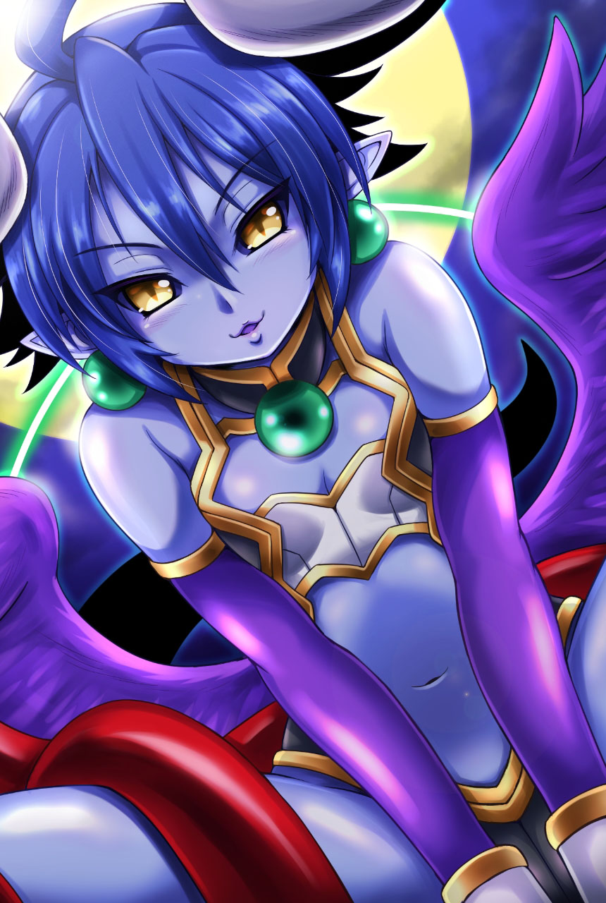 1girl black_sclera blue_hair blue_skin blush demon_girl demon_horns earrings flat_chest highres horns jewelry navel nyarla pointy_ears shinrabanshou short_hair solo wings yellow_eyes