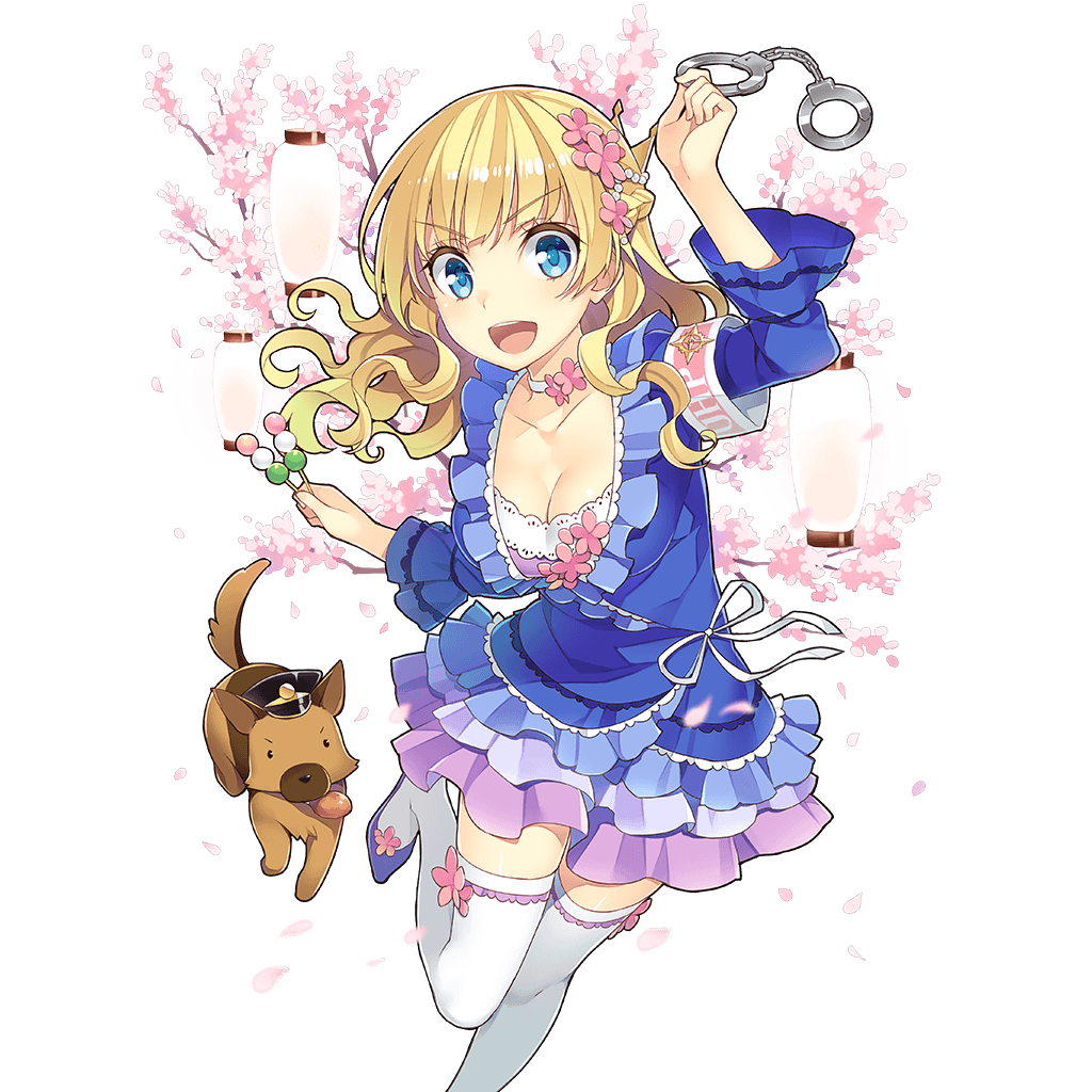 &gt;:d 1girl :d amelie_mcgregor armband bangs blonde_hair blue_dress blue_eyes braid breasts cherry_blossoms choker cleavage cuffs dog dress eyebrows_visible_through_hair flower food french_braid frilled_dress frills hair_flower hair_ornament hat lantern long_hair looking_at_viewer medium_breasts mmu official_art open_mouth police_hat smile solo standing standing_on_one_leg thigh-highs transparent_background uchi_no_hime-sama_ga_ichiban_kawaii wavy_hair white_legwear zettai_ryouiki