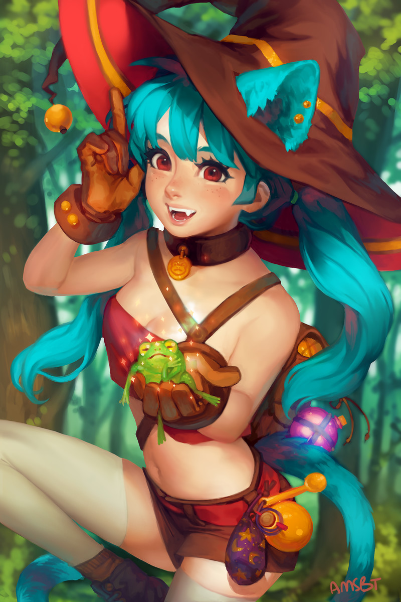 1girl animal animal_ears aqua_hair bag bare_shoulders breasts brown_gloves cat_ears cat_tail cleavage collar commentary day eyelashes fangs forest freckles frog gloves hat highres holding holding_animal lips long_hair manda_schank nature original red_eyes satchel short_shorts shorts small_breasts smile solo strapless tail tubetop twintails witch_hat