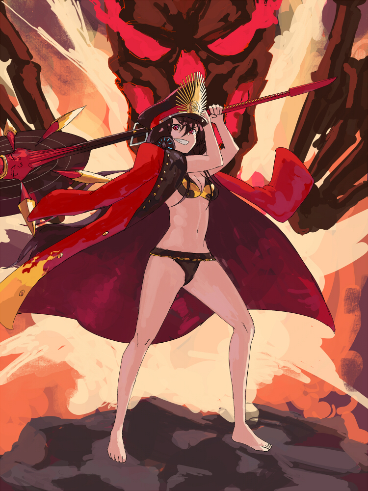 1girl aura bikini black_bikini black_hair breasts cleavage demon_archer fate/grand_order fate_(series) full_body grin hat headphones headphones_around_neck holding holding_weapon jacket_on_shoulders long_hair looking_at_viewer navel oda_nobunaga_(swimsuit_berserker)_(fate) peaked_cap quentin_lecuiller red_eyes small_breasts smile solo standing stomach swimsuit weapon