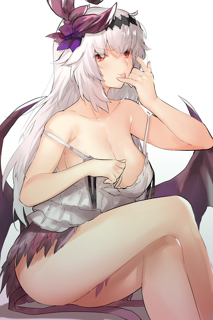 1girl bare_shoulders breasts cleavage collarbone dark_jeanne demon_wings granblue_fantasy jeanne_d'arc_(granblue_fantasy) large_breasts long_hair looking_at_viewer naso4 red_eyes simple_background skirt smirk solo thighs tongue white_background white_hair wings
