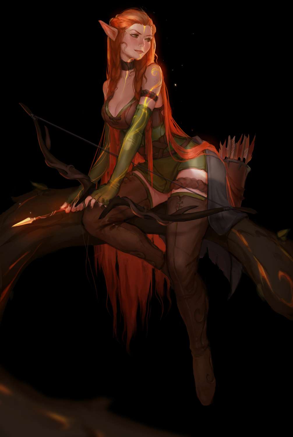 1girl archery arrow bare_shoulders boots bow_(weapon) braid branch breasts choker cleavage closed_mouth daria_leonova dark_background dress elbow_gloves elf fingerless_gloves gloves green_dress highres leather leather_boots long_hair looking_to_the_side medium_breasts original pointy_ears quiver sitting solo thigh-highs thigh_boots thighhighs_under_boots thighlet very_long_hair weapon