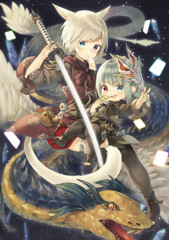 2girls animal_ears astrologian_(final_fantasy) blonde_hair card cat_ears cat_tail dragon eastern_dragon facial_mark final_fantasy final_fantasy_xiv heterochromia katana lalafell looking_at_viewer midorikawa_you miqo'te multiple_girls pointy_ears samurai_(final_fantasy) short_hair silver_hair skirt slit_pupils sword tail thigh-highs weapon