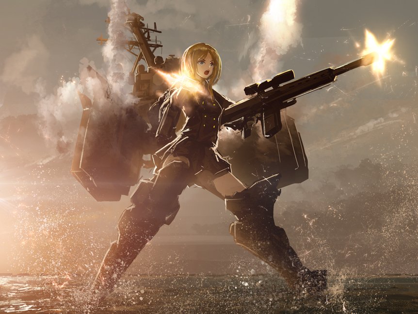 1girl battleship_(movie) blonde_hair blue_eyes destroyer dual_wielding firing full_body gun machinery military military_uniform military_vehicle ocean open_mouth personification shin_guards ship sidelocks skirt smoke solo splashing standing standing_on_liquid tom-neko_(zamudo_akiyuki) uniform us_navy uss_john_paul_jones_(ddg-53) warship water watercraft weapon