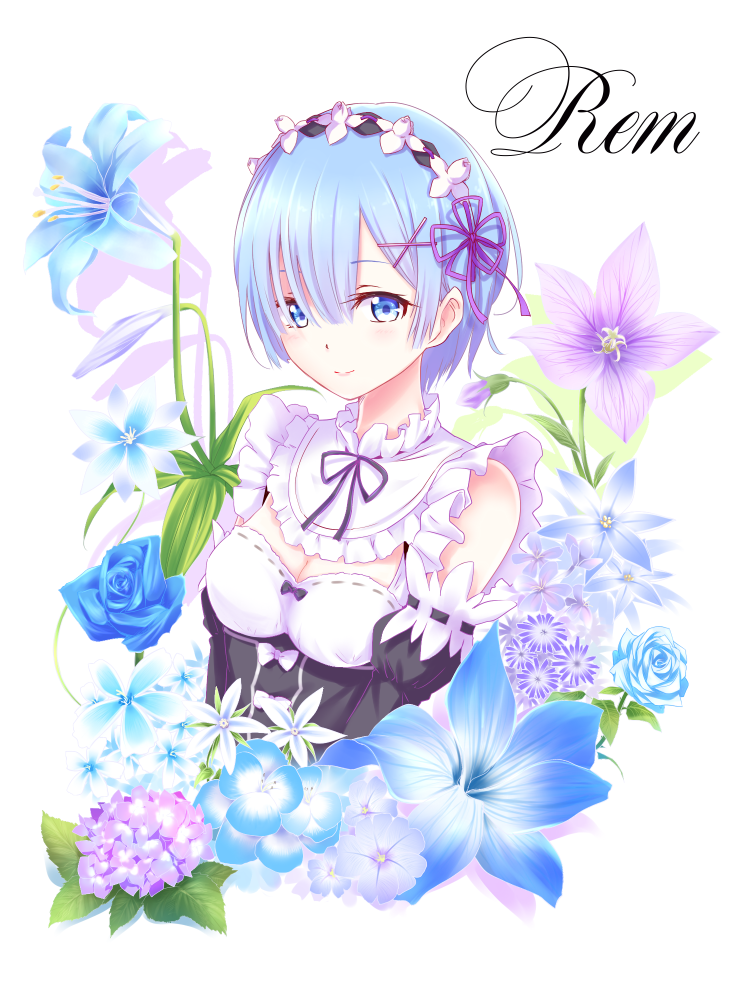 1girl bellflower black_ribbon blue_eyes blue_flower blue_hair blue_rose breasts character_name choker cleavage detached_sleeves floral_background flower hair_between_eyes hair_flower hair_ornament hair_ribbon head_wreath hydrangea lily_(flower) medium_breasts neck_ribbon pansy purple_flower purple_ribbon re:zero_kara_hajimeru_isekai_seikatsu rem_(re:zero) ribbon ribbon-trimmed_sleeves ribbon_trim rose short_hair simple_background smile solo upper_body white_background white_flower yuki_(sangeki5806)