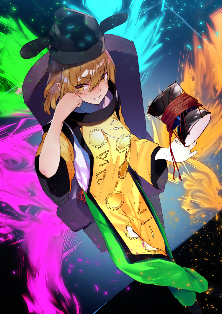 1girl asuzemu aura bangs black_hat blonde_hair breasts chair constellation drum from_above green_skirt hat instrument long_hair looking_at_viewer looking_up matara_okina medium_breasts parted_lips sitting skirt smile solo tabard touhou wide_sleeves yellow_eyes