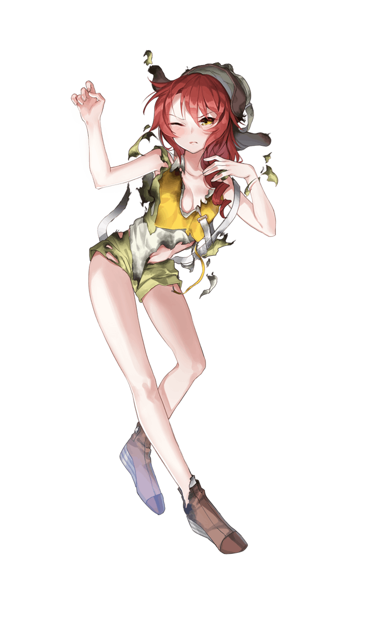 1girl aviator_cap breasts brown_shoes cherry_bond cleavage drill_hair formation_girls full_body highres kazune_(baumkuchen) necktie official_art one_eye_closed redhead shoes solo torn_clothes transparent_background yellow_eyes yellow_vest