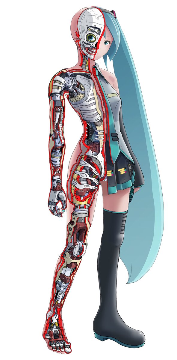 1girl android aqua_eyes aqua_hair arms_at_sides boots commentary commentary_request detached_sleeves full_body greyscale hatsune_miku highres lineart long_hair looking_at_viewer mechanical_arm mechanical_hand mechanical_leg mechanical_parts monochrome necktie parts_exposed pleated_skirt robot see-through simple_background single_thigh_boot skirt skull solo standing sukabu thigh-highs thigh_boots twintails very_long_hair vest vocaloid white_background x-ray