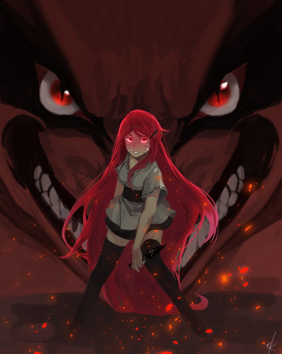 1girl fangs glowing glowing_eyes hair_ornament hairclip kunai kurama_(naruto) long_hair looking_at_viewer monster naruto naruto_shippuuden red_eyes redhead rotka slit_pupils solo_focus thigh-highs uzumaki_kushina very_long_hair weapon whisker_markings whiskers