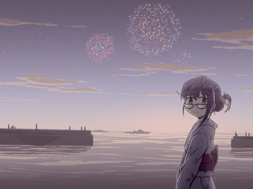 1girl bangs black_hair clouds dock evening eyebrows_visible_through_hair fireworks floral_print futatsuki_hisame glasses gradient gradient_background green_eyes hair_bun hair_up japanese_clothes kantai_collection kimono looking_at_viewer multicolored_hair obi ocean okinami_(kantai_collection) parted_bangs pink_hair sash smile solo standing star_(sky) water