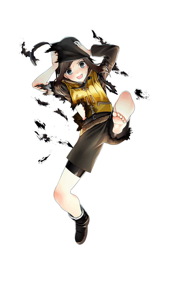 1girl :d barefoot bike_shorts black_boots black_eyes blush boots brown_hair fiona_westbury formation_girls full_body hand_on_head hat highres holding holding_hat official_art open_mouth shoes single_shoe smile torn_clothes torn_hat transparent_background yellow_vest