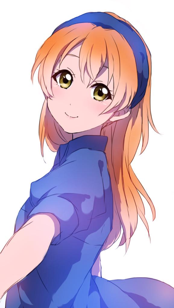 1girl alternate_hairstyle bangs blue_dress blue_hairband blush closed_mouth dot_nose dress from_side green_eyes hairband hoshizora_rin live_live!_school_idol_project long_hair looking_at_viewer love_live! orange_hair puffy_short_sleeves puffy_sleeves sekina short_sleeves simple_background smile solo upper_body white_background
