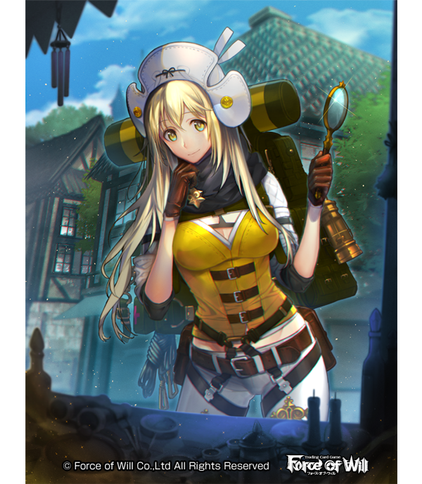 1girl bag belt blonde_hair breasts building cleavage copyright_name force_of_will gloves hat long_hair magnifying_glass official_art transparent_background tree upper_body yellow_eyes