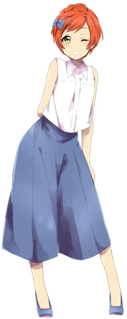 1girl :d arm_behind_back bangs bare_arms blue_bow blue_shoes blue_skirt blush bow contrapposto green_eyes hair_bow hoshizora_rin long_skirt love_live! one_eye_closed open_mouth redhead sekina shirt shoes short_hair simple_background skirt smile solo standing swept_bangs white_background white_shirt